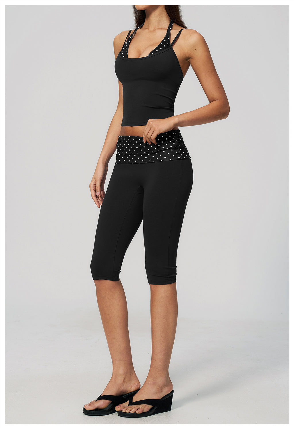 Women 2 Piece Yoga Set Halter Fake Two Piece Yoga Vest and Fold Over Striped Waist Capri Yoga Leggings