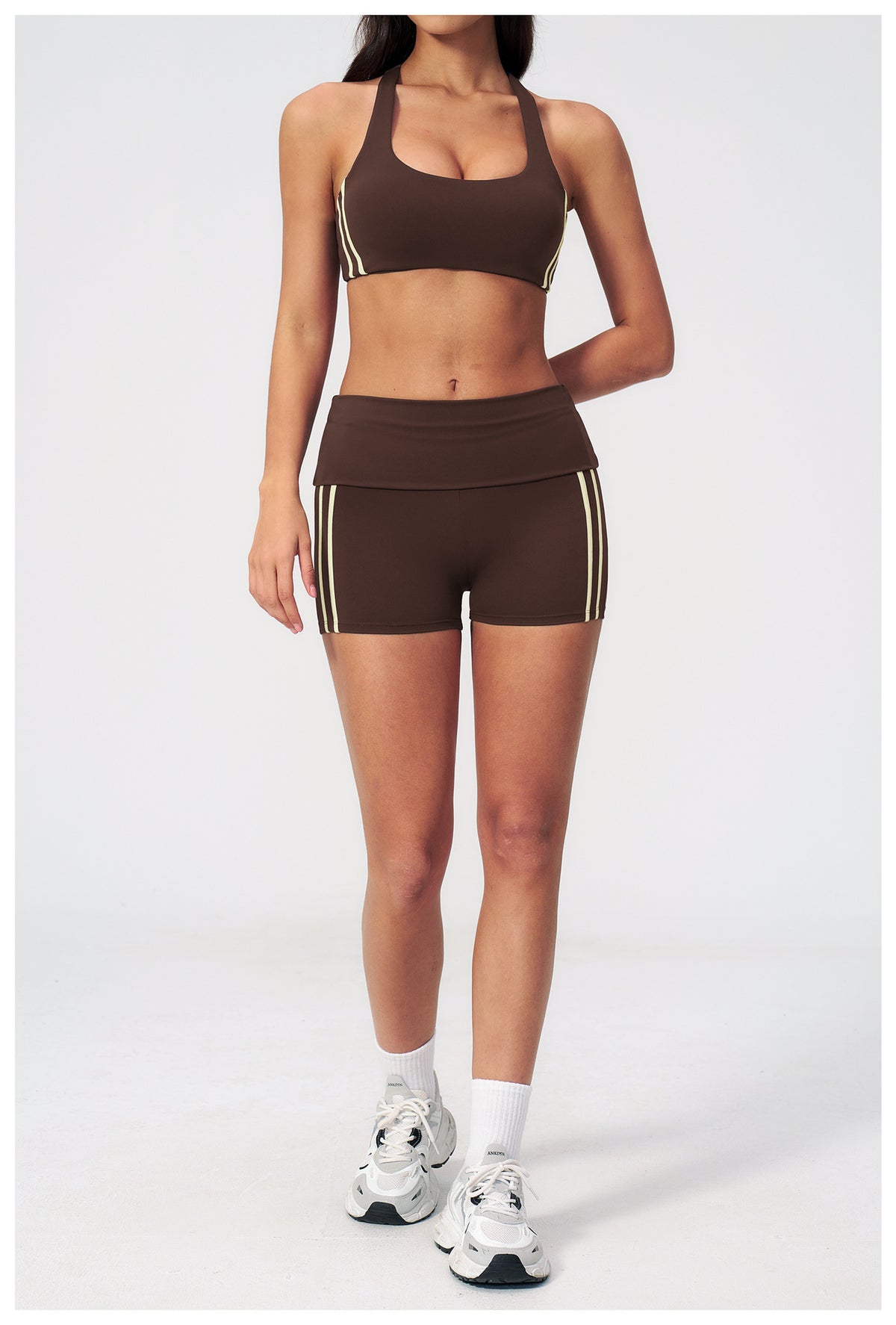 2 PCS Workout Set Women Racerback High Support Sports Bra and Fold Over Waist Running Shorts