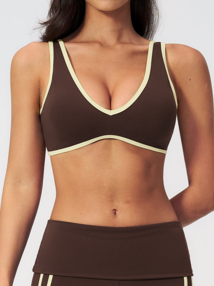 Women Contrast Color V Neck U Back Sports Bra