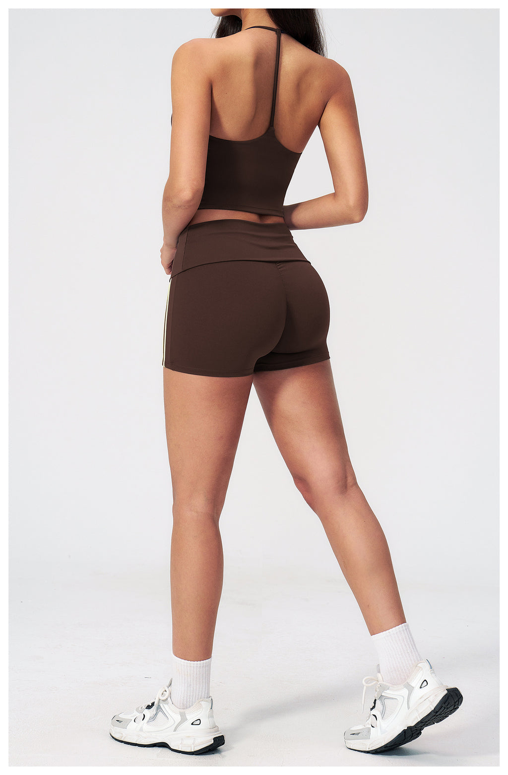 2 PCS Gym Set Women V Neck T-Back Halter Crop Yoga Vest and Fold Over Waist Running Shorts