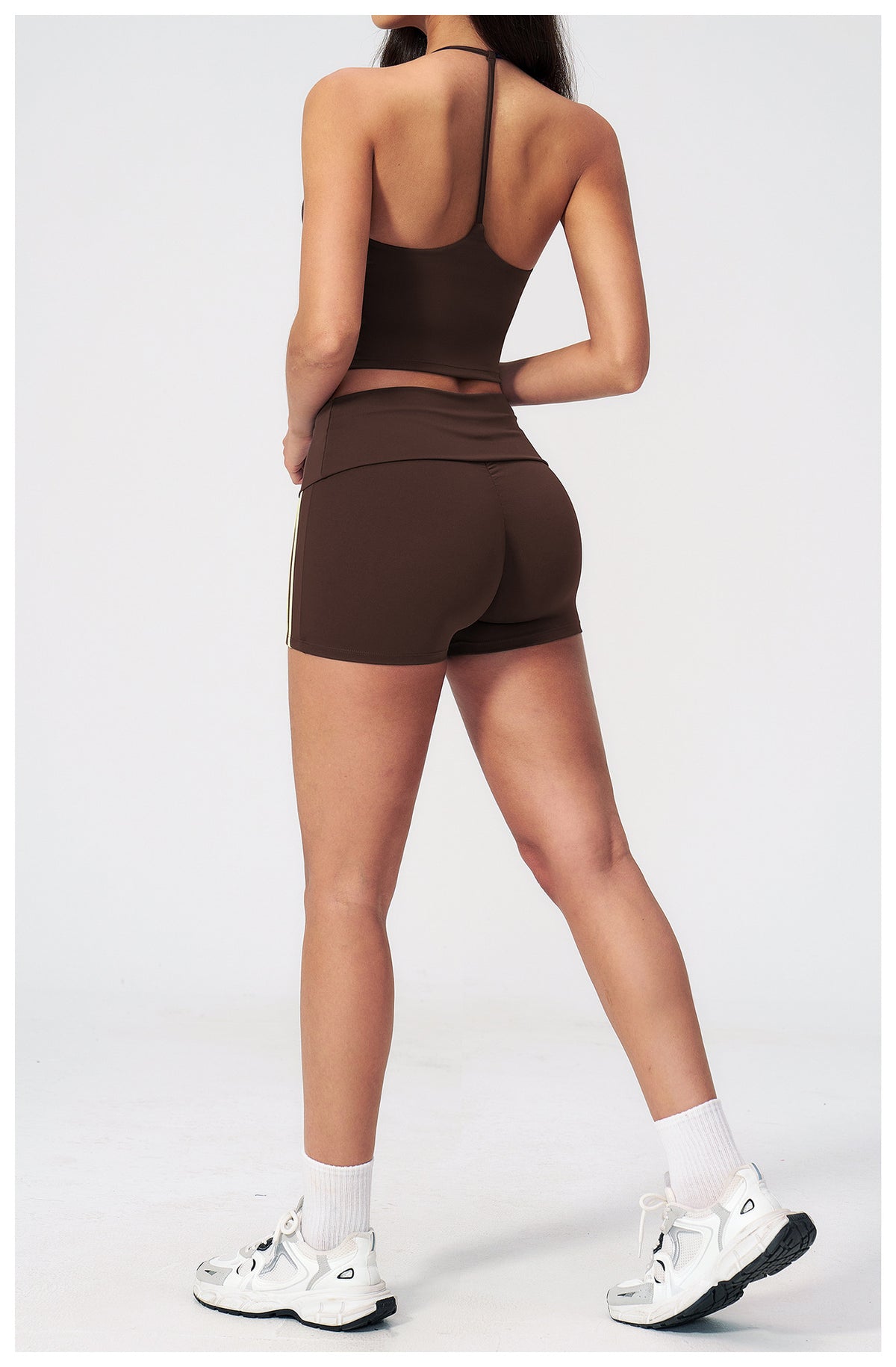2 PCS Gym Set Women V Neck T-Back Halter Crop Yoga Vest and Fold Over Waist Running Shorts