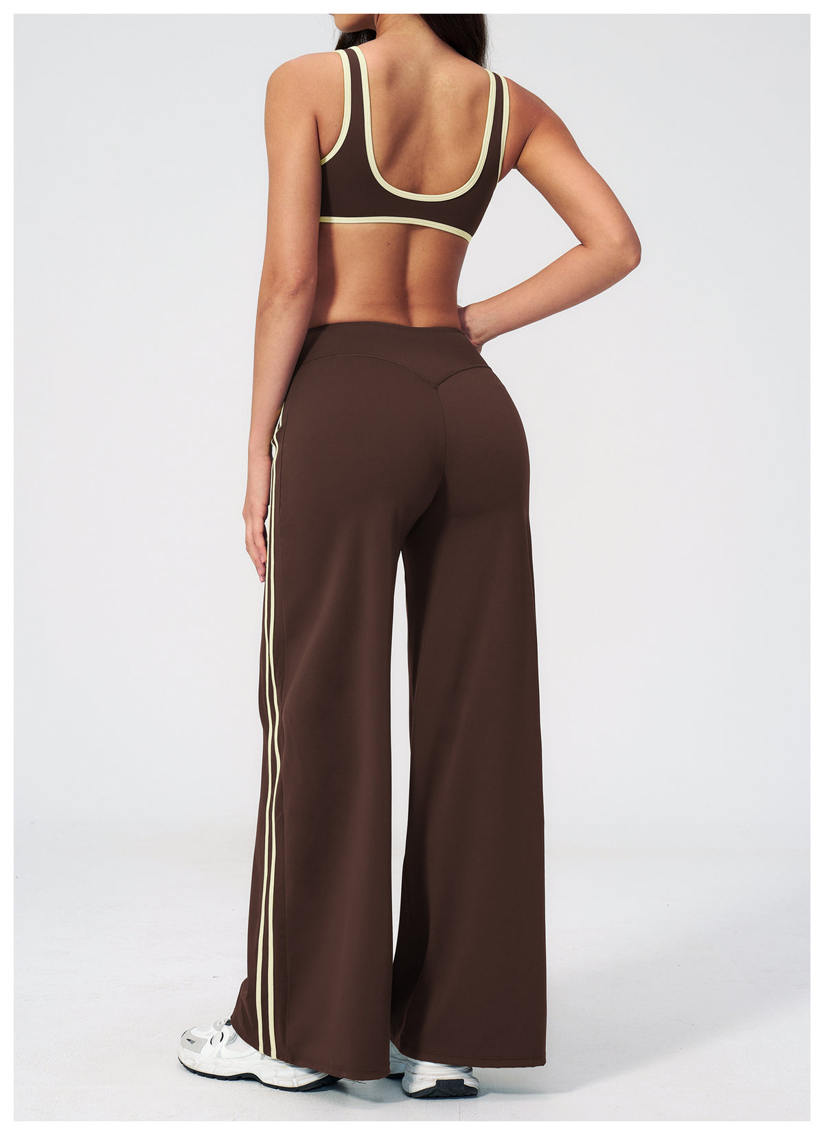 2 PCS Gym Set Women Contrast Color V Neck Backless Sports Bra and Contrast Side Stripe Fitness Sports Wide Leg Pants