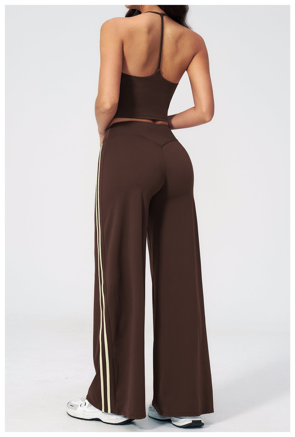2 PCS Workout Set Women V Neck T-Back Halter Crop Tank Top and Contrast Side Stripe Fitness Sports Wide Leg Pants