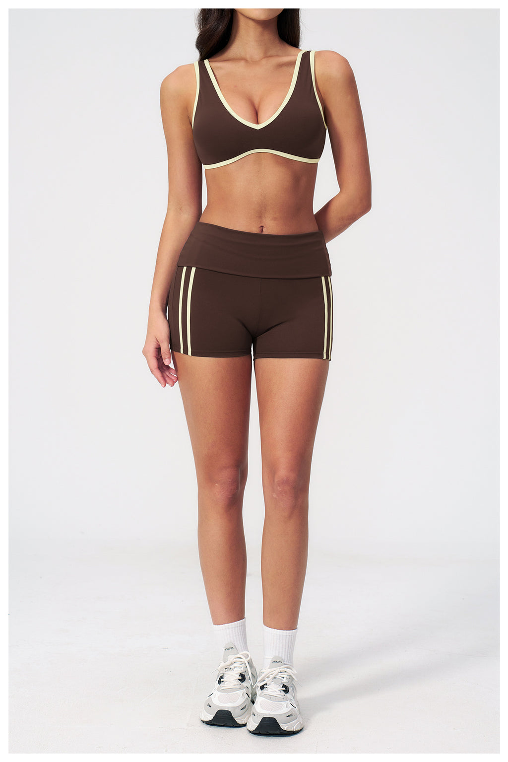 2 PCS Yoga Set Women Contrast Color V Neck Backless Sports Bra and Fold Over Waist Biker Shorts