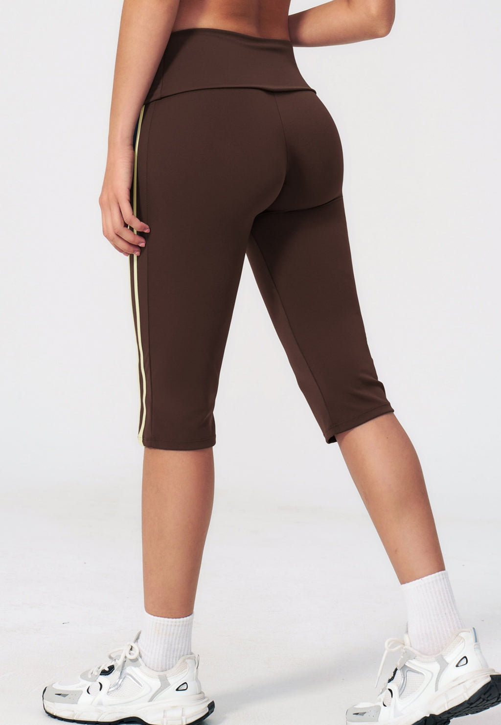 Women Fold Over Waist Contrast Side Stripe Capri Yoga Leggings
