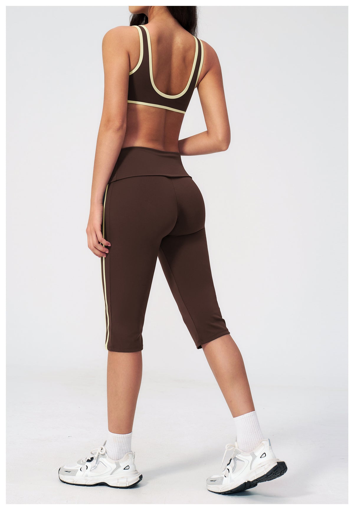 2 PCS Workout Set Women Contrast Color V Neck U Back Sports Bra and Fold Over Waist Capri Yoga Leggings