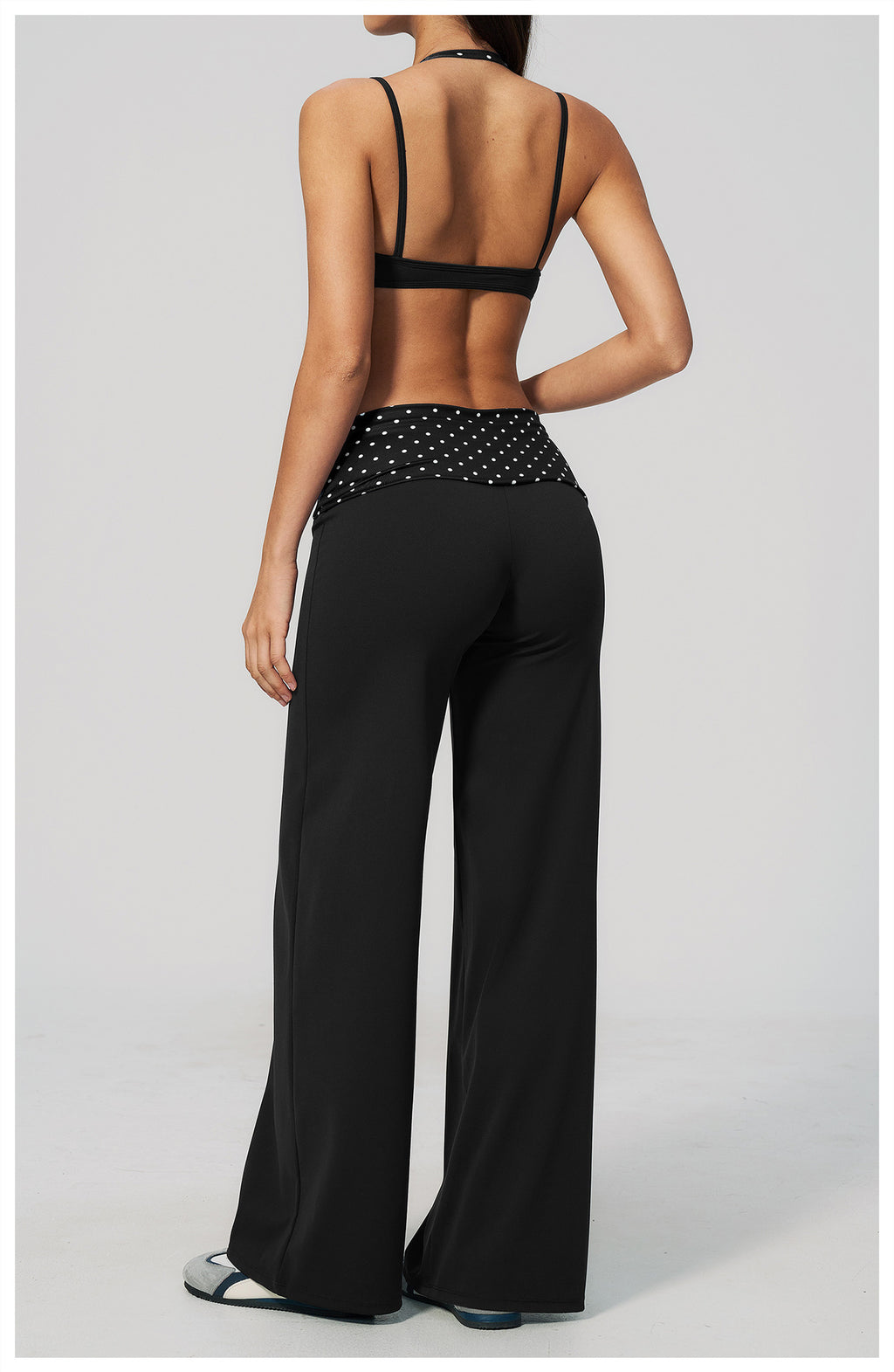 Women 2 Piece Yoga Set Halter Fake Two Piece Sports Bra and Fold Over Striped Waist Wide Leg Workout Pants