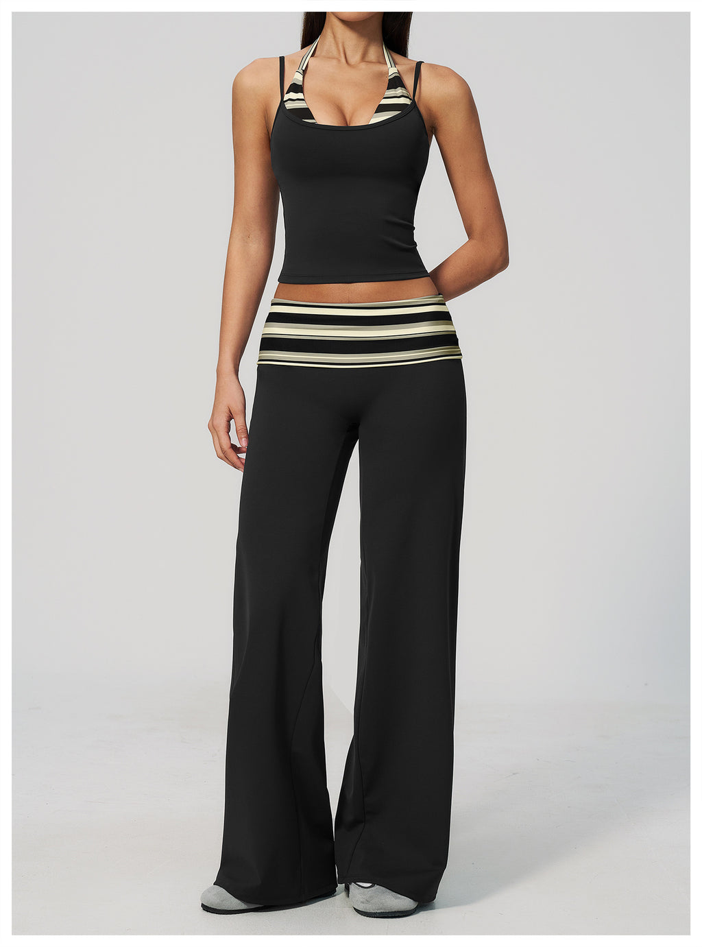 Women 2 Piece Yoga Set Halter Fake Two Piece Yoga Vest and Fold Over Striped Waist Wide Leg Workout Pants