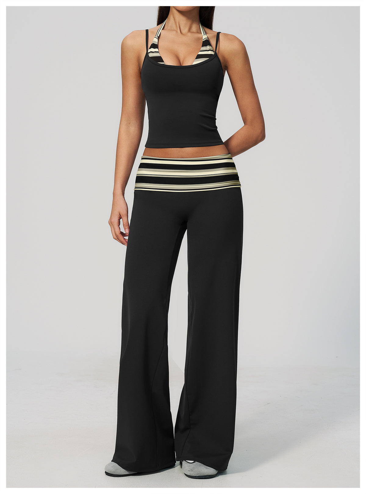 Women 2 Piece Yoga Set Halter Fake Two Piece Yoga Vest and Fold Over Striped Waist Wide Leg Workout Pants