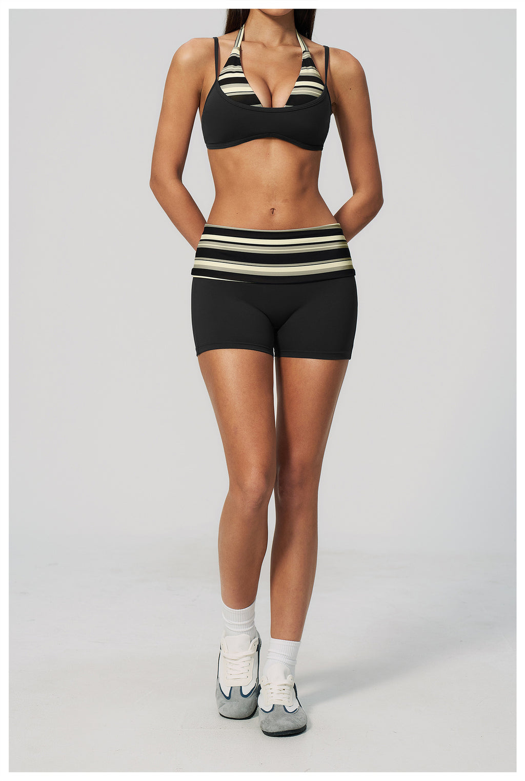 Women 2 Piece Yoga Set Halter Fake Two Piece Sports Bra and Fold Over Striped Waist Biker Shorts