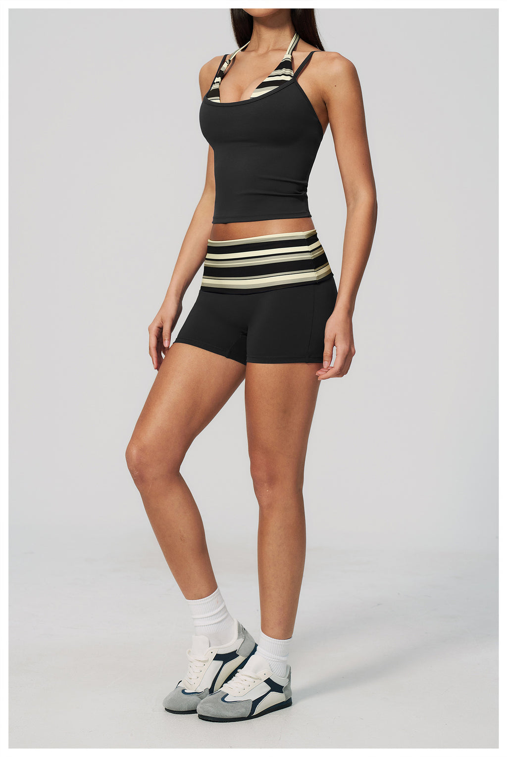 Women 2 Piece Yoga Set Halter Fake Two Piece Yoga Vest and Fold Over Striped Waist Biker Shorts