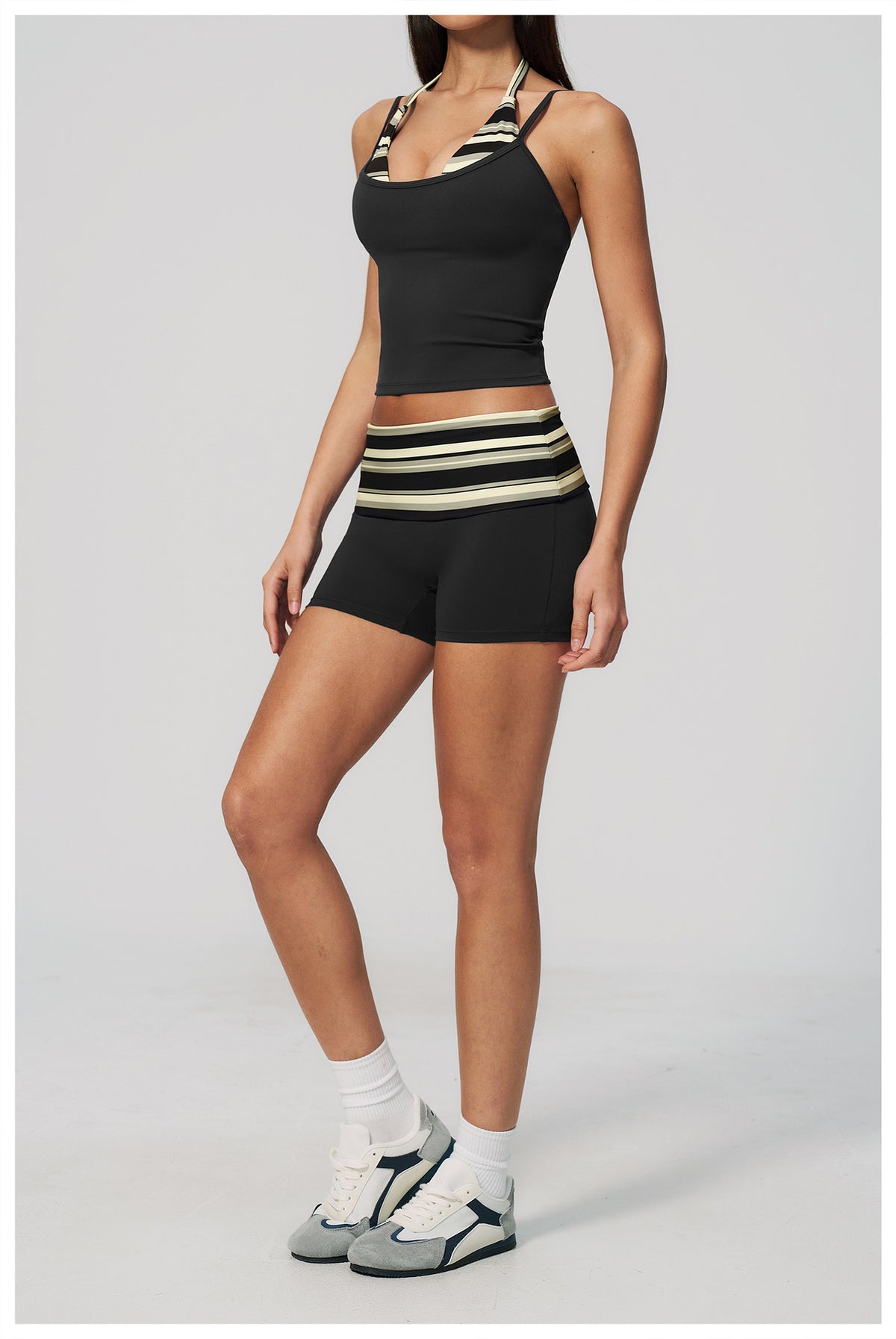 Women 2 Piece Yoga Set Halter Fake Two Piece Yoga Vest and Fold Over Striped Waist Biker Shorts