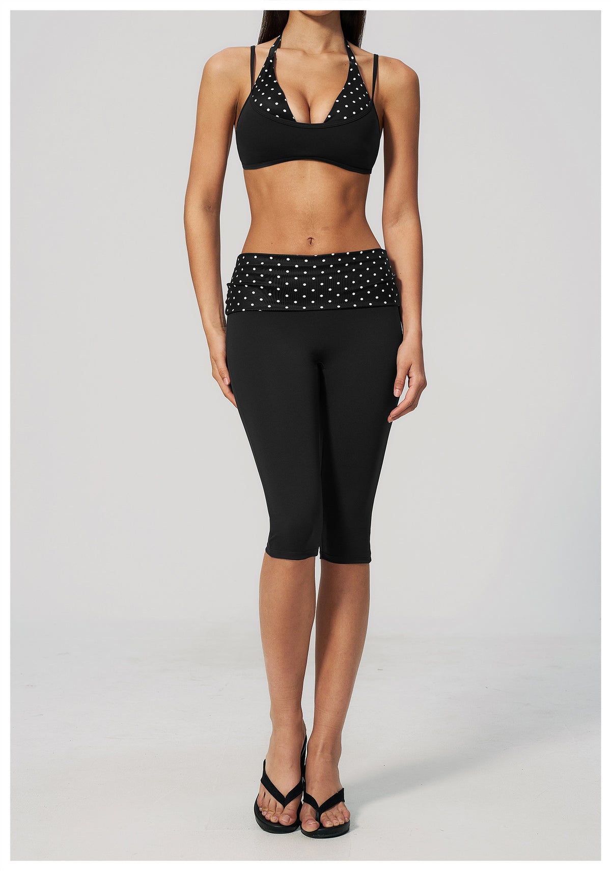 Women 2 Piece Yoga Set Halter Fake Two Piece Sports Bra and Fold Over Striped Waist Capri Yoga Leggings