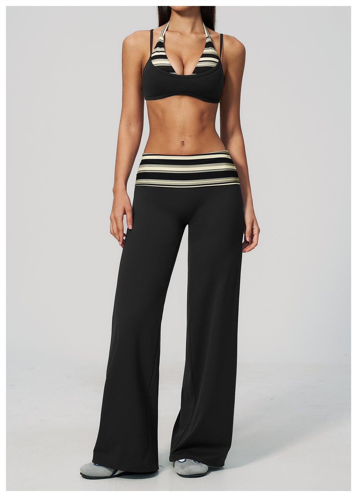 Women 2 Piece Yoga Set Halter Fake Two Piece Sports Bra and Fold Over Striped Waist Wide Leg Workout Pants