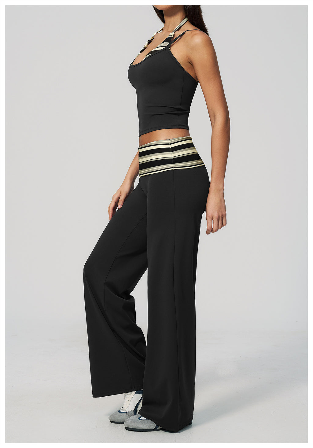 Women 2 Piece Yoga Set Halter Fake Two Piece Yoga Vest and Fold Over Striped Waist Wide Leg Workout Pants