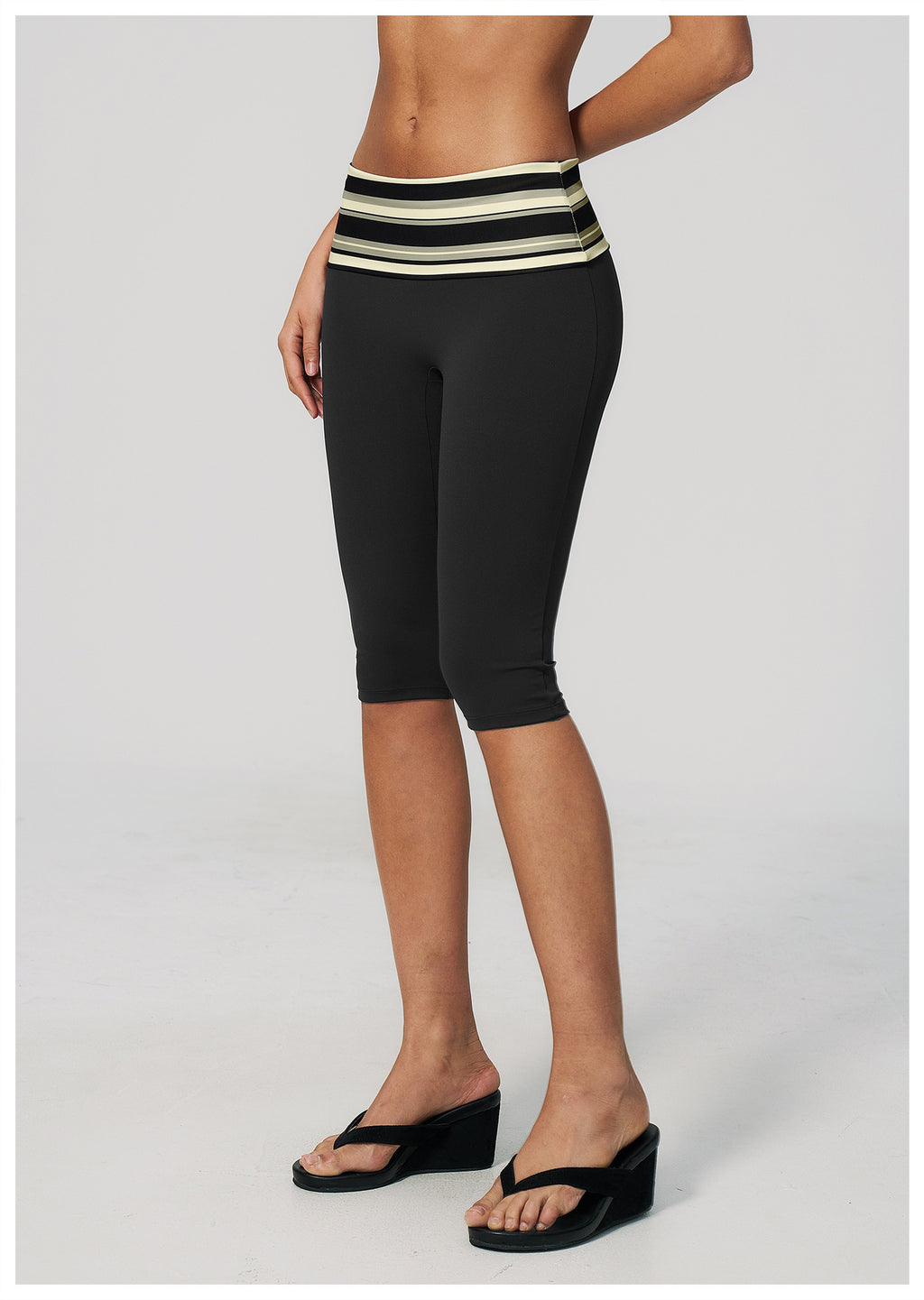 Women Fold Over Striped Waist Capri Yoga Pants High Waist Workout Capris Leggings
