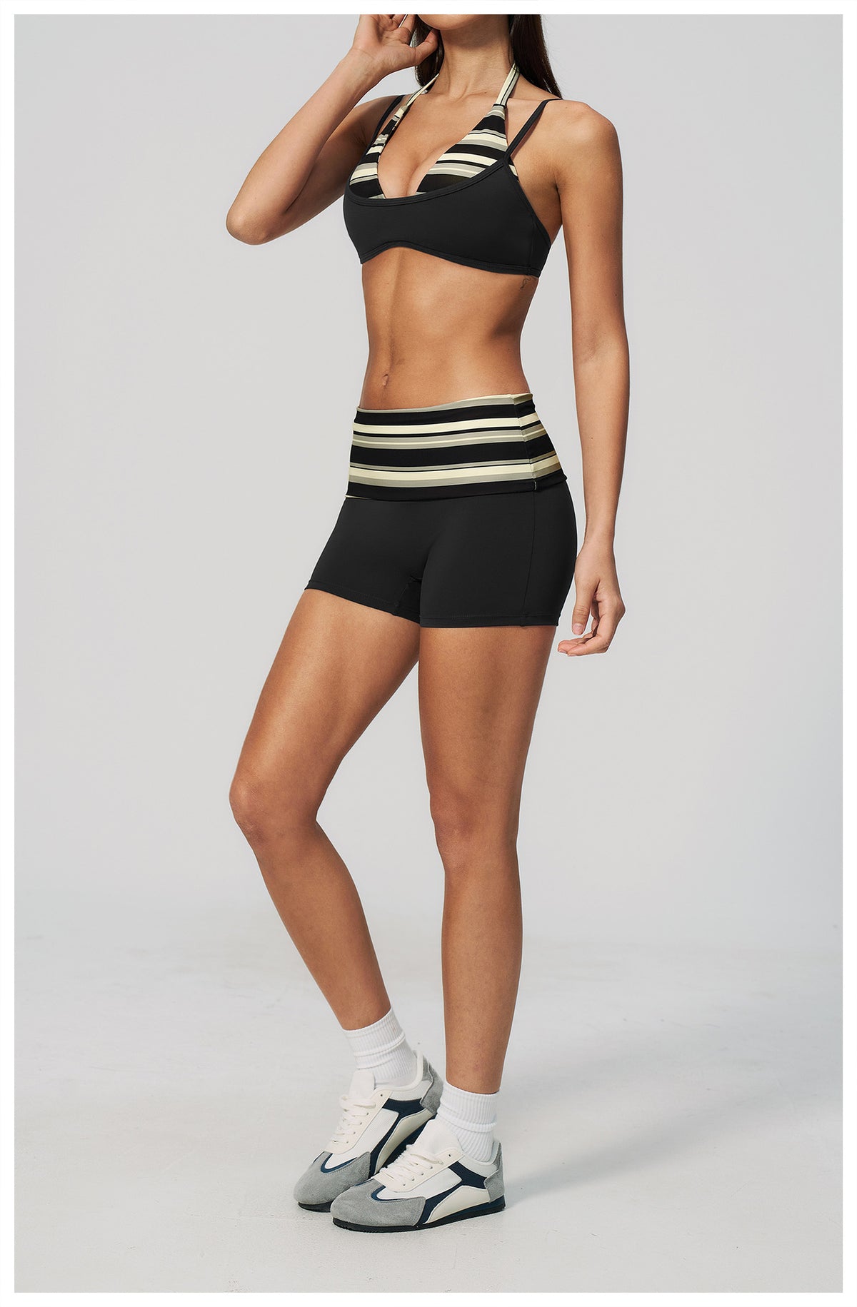Women 2 Piece Yoga Set Halter Fake Two Piece Sports Bra and Fold Over Striped Waist Biker Shorts