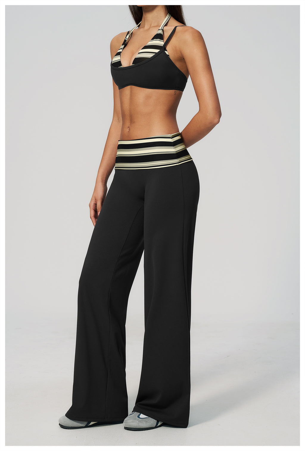 Women 2 Piece Yoga Set Halter Fake Two Piece Sports Bra and Fold Over Striped Waist Wide Leg Workout Pants