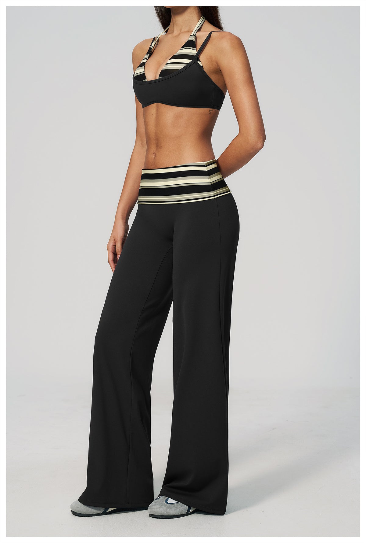 Women 2 Piece Yoga Set Halter Fake Two Piece Sports Bra and Fold Over Striped Waist Wide Leg Workout Pants