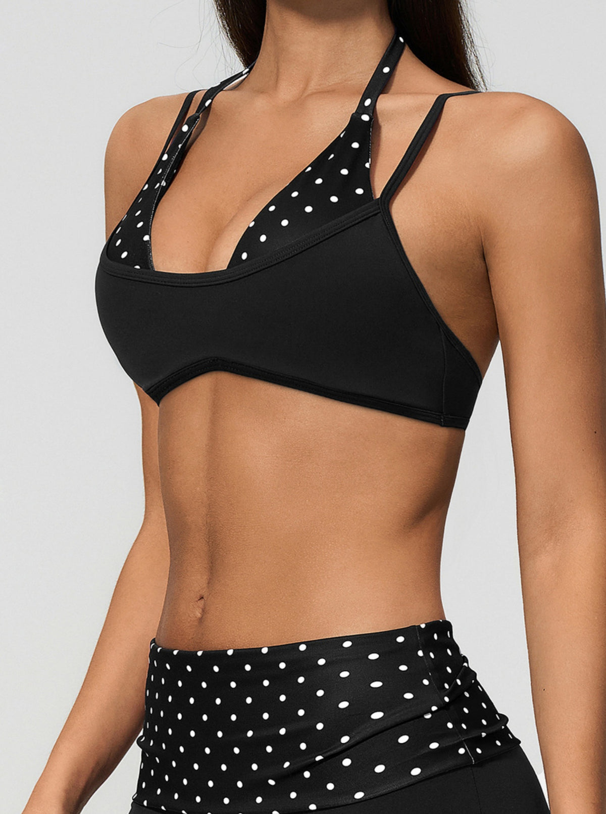 Women Halter Fake Two Piece Sports Bra Striped Print Thin Strap High Support Yoga Bra