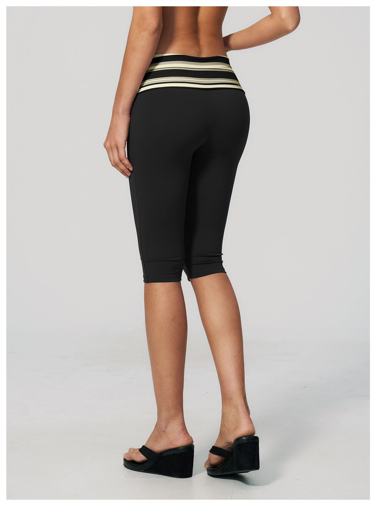 Women Fold Over Striped Waist Capri Yoga Pants High Waist Workout Capris Leggings
