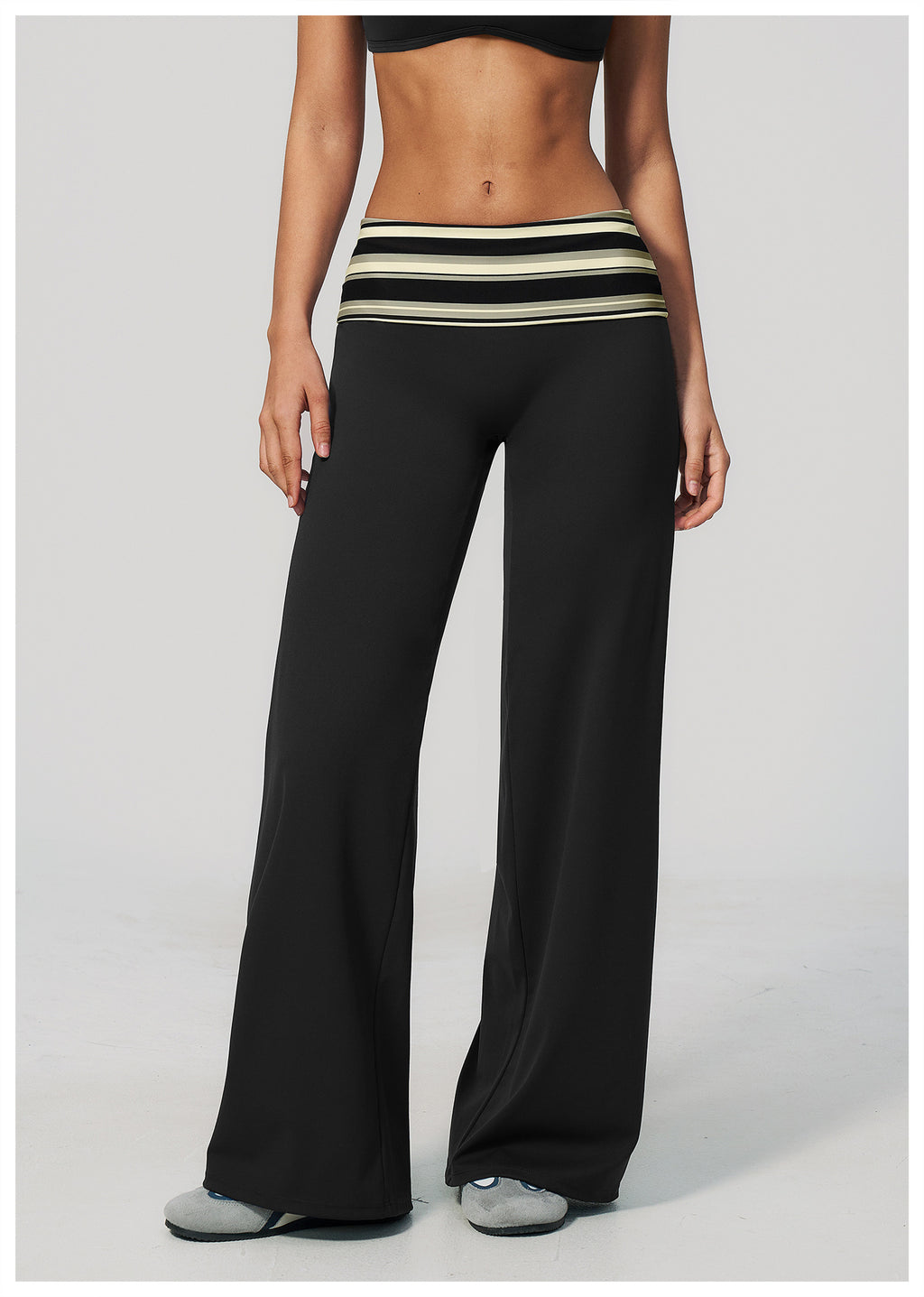 Women Fold Over Striped Waist Flare Yoga Pants High Waist Bootcut Workout Pants