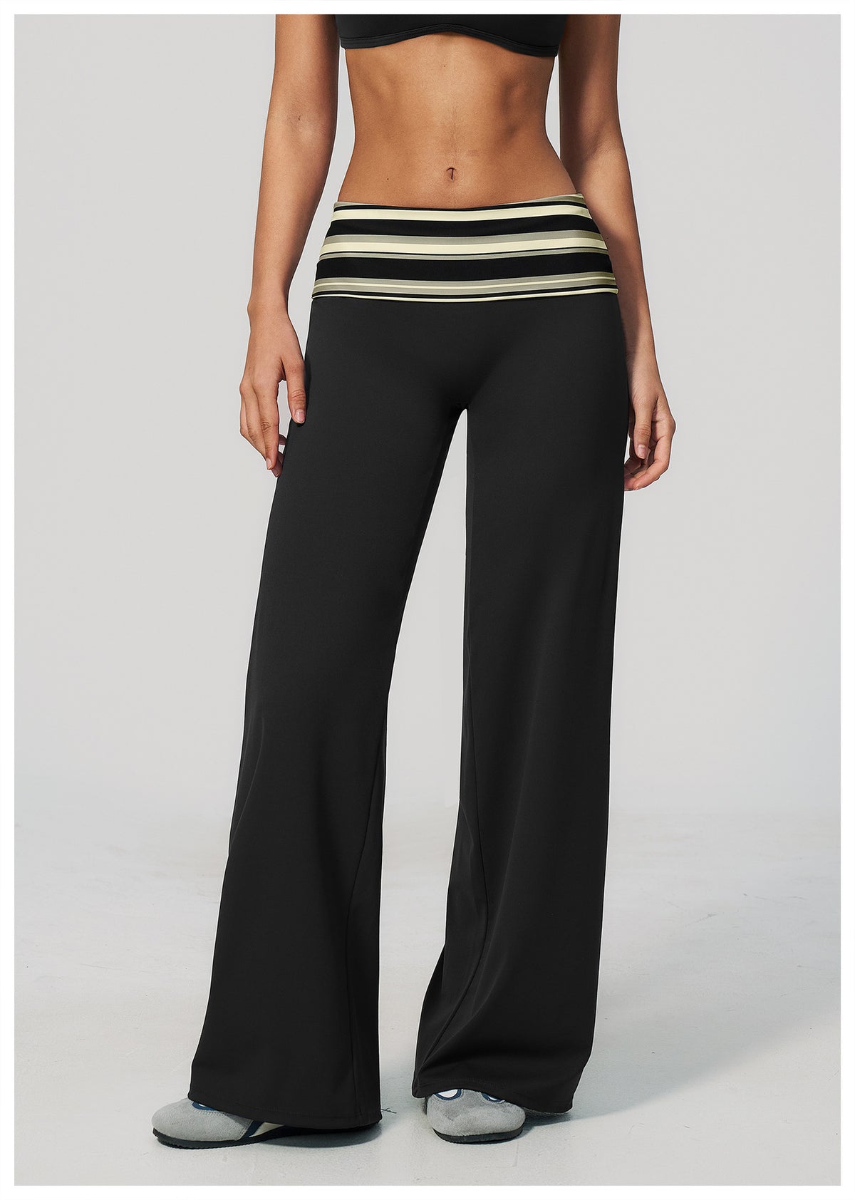 Women Fold Over Striped Waist Flare Yoga Pants High Waist Bootcut Workout Pants