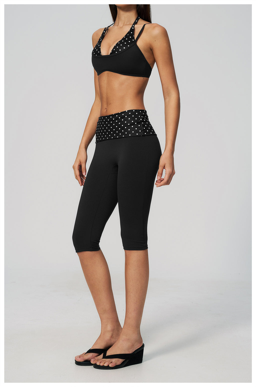 Women 2 Piece Yoga Set Halter Fake Two Piece Sports Bra and Fold Over Striped Waist Capri Yoga Leggings