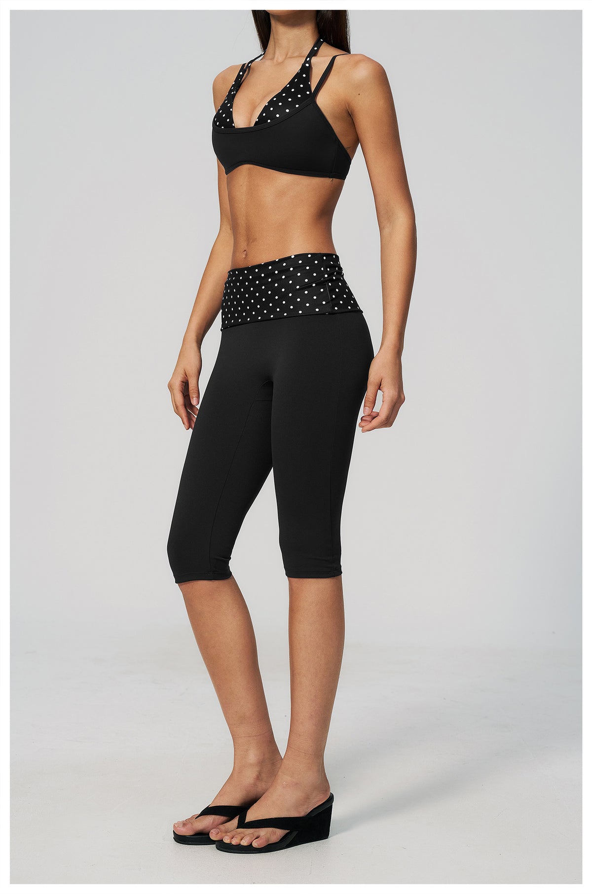 Women 2 Piece Yoga Set Halter Fake Two Piece Sports Bra and Fold Over Striped Waist Capri Yoga Leggings