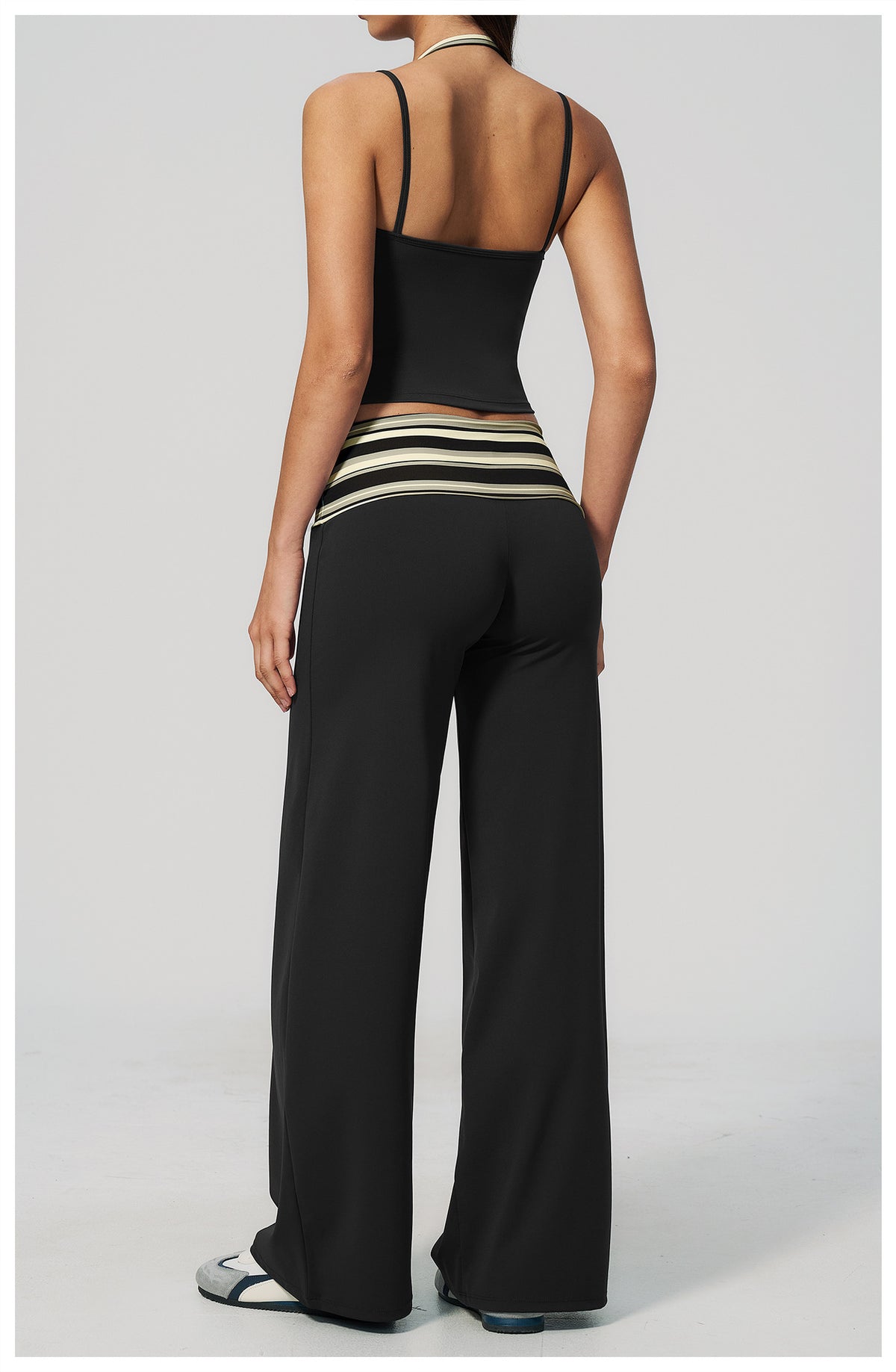 Women 2 Piece Yoga Set Halter Fake Two Piece Yoga Vest and Fold Over Striped Waist Wide Leg Workout Pants