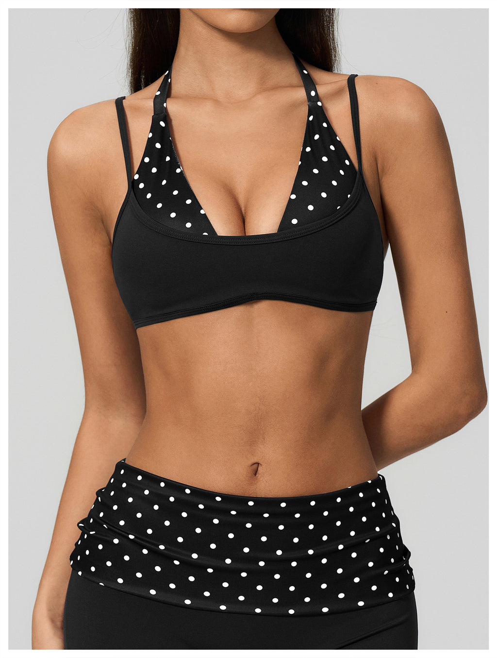 Women Halter Fake Two Piece Sports Bra Striped Print Thin Strap High Support Yoga Bra