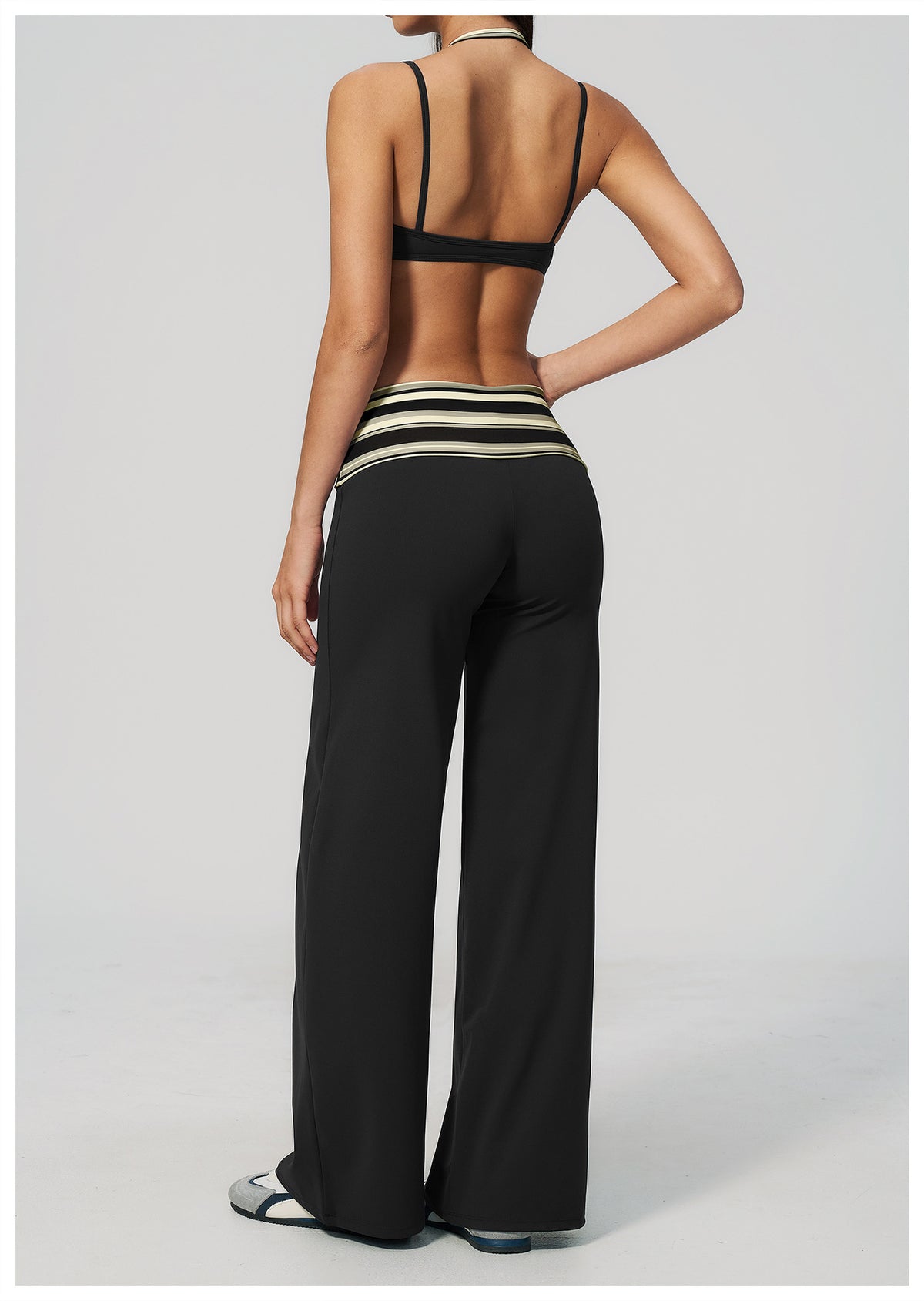 Women 2 Piece Yoga Set Halter Fake Two Piece Sports Bra and Fold Over Striped Waist Wide Leg Workout Pants