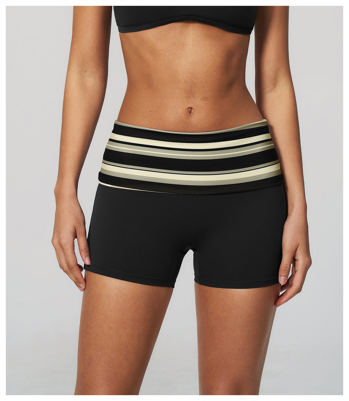 Women Fold Over Striped Waist Yoga Shorts High Waist Tight Workout Biker Shorts
