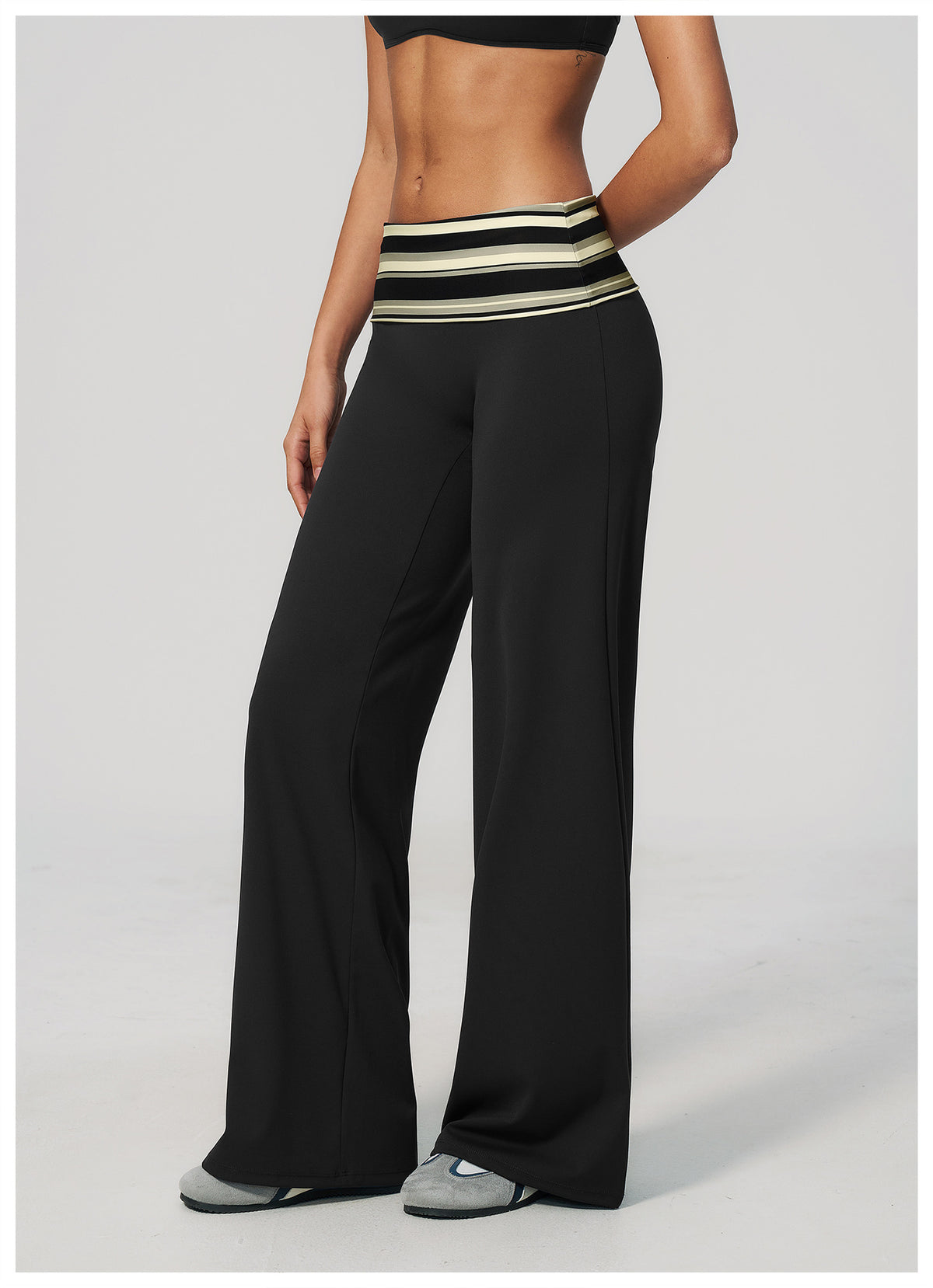Women Fold Over Striped Waist Flare Yoga Pants High Waist Bootcut Workout Pants