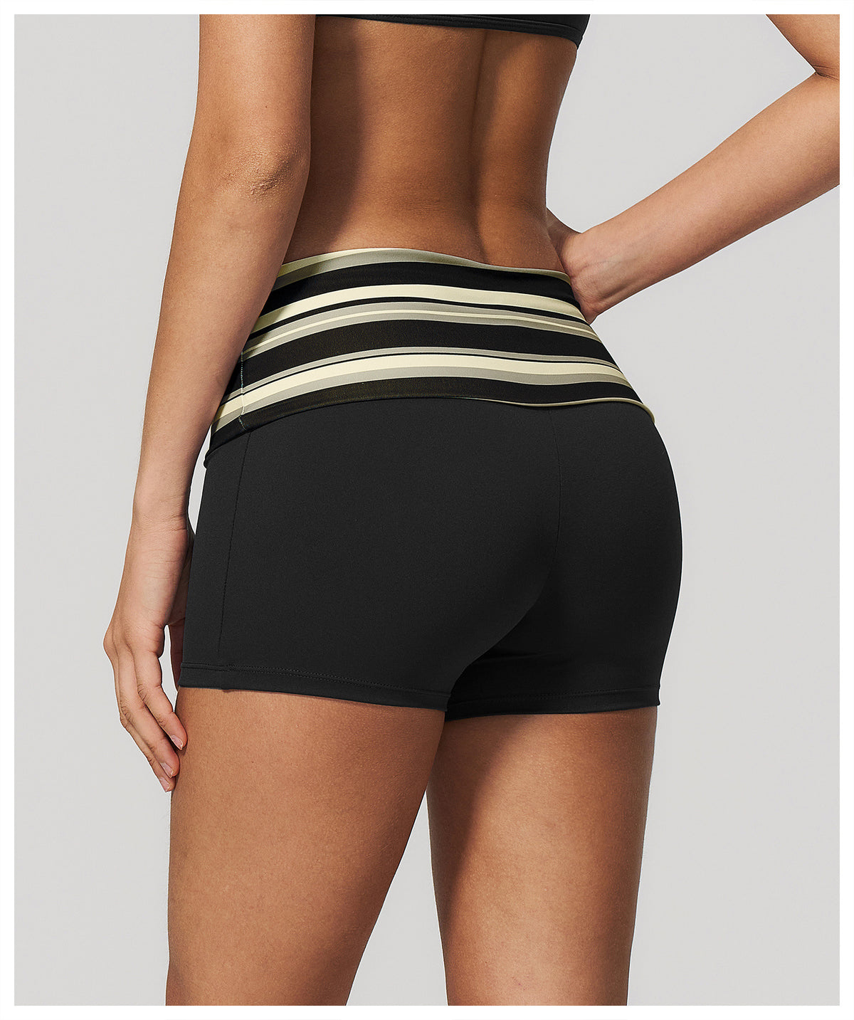 Women Fold Over Striped Waist Yoga Shorts High Waist Tight Workout Biker Shorts