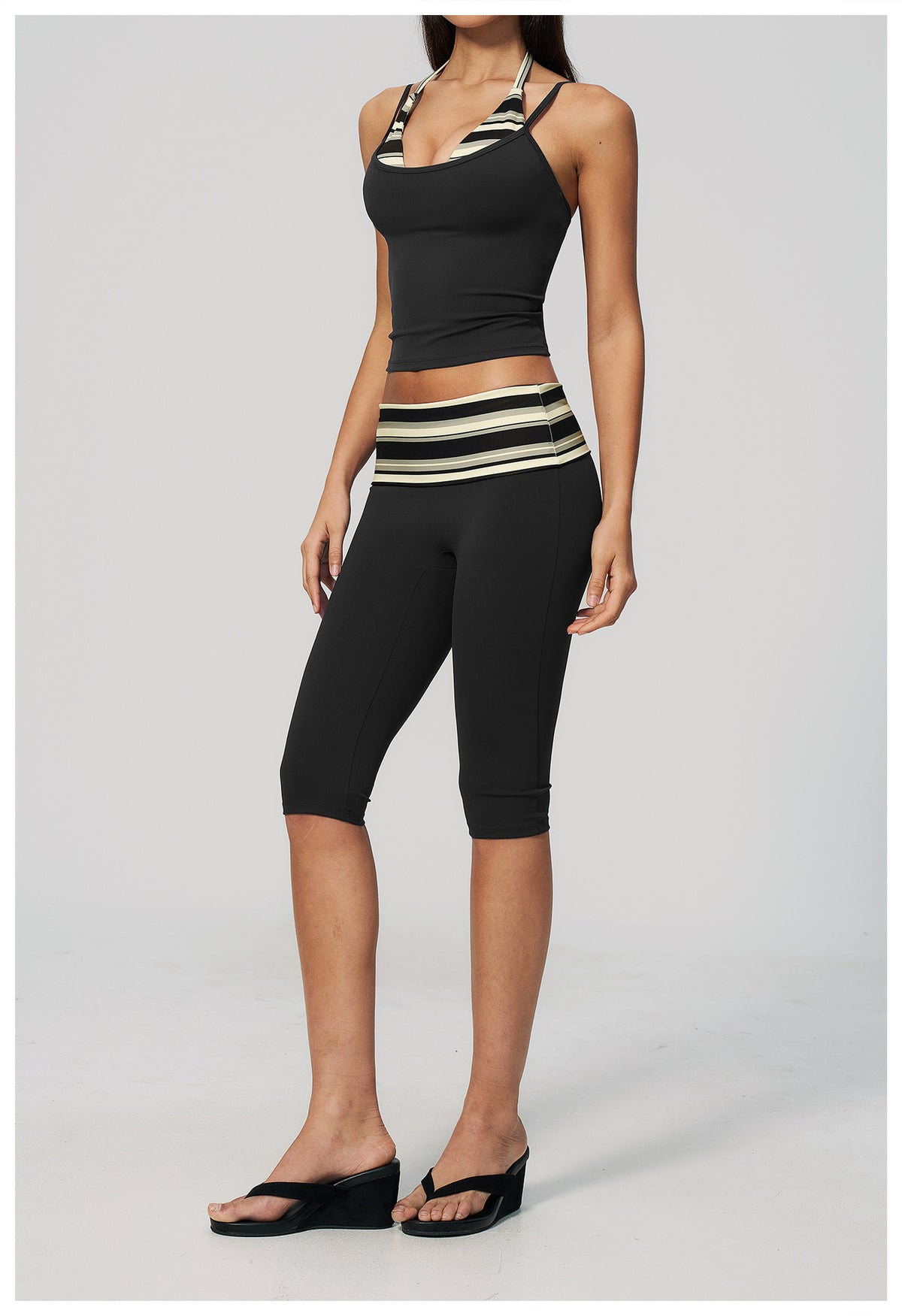 Women 2 Piece Yoga Set Halter Fake Two Piece Yoga Vest and Fold Over Striped Waist Capri Yoga Leggings