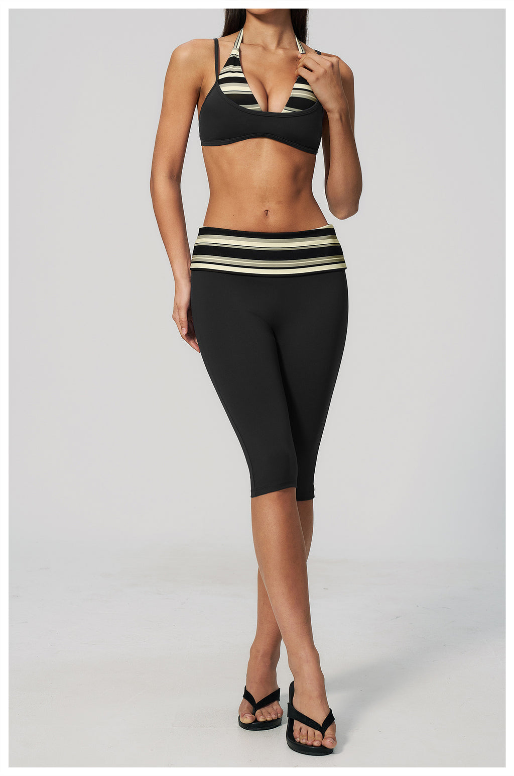 Women 2 Piece Yoga Set Halter Fake Two Piece Sports Bra and Fold Over Striped Waist Capri Yoga Leggings