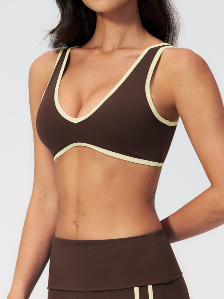 Women Contrast Color V Neck U Back Sports Bra
