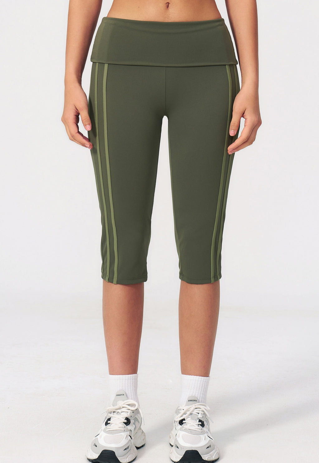 Women Fold Over Waist Contrast Side Stripe Capri Yoga Leggings