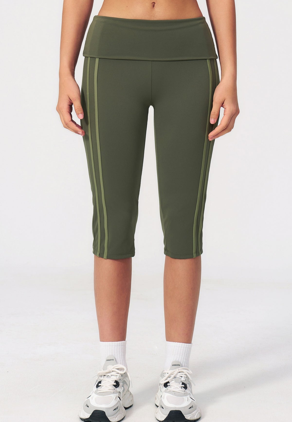 Women Fold Over Waist Contrast Side Stripe Capri Yoga Leggings