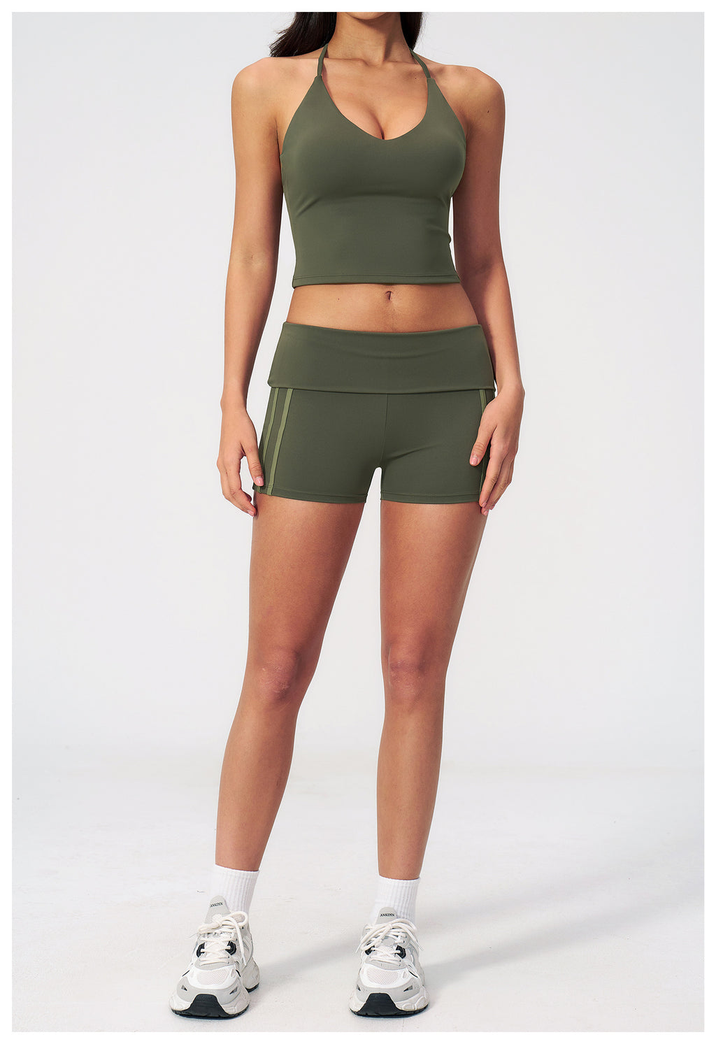 2 PCS Gym Set Women V Neck T-Back Halter Crop Yoga Vest and Fold Over Waist Running Shorts