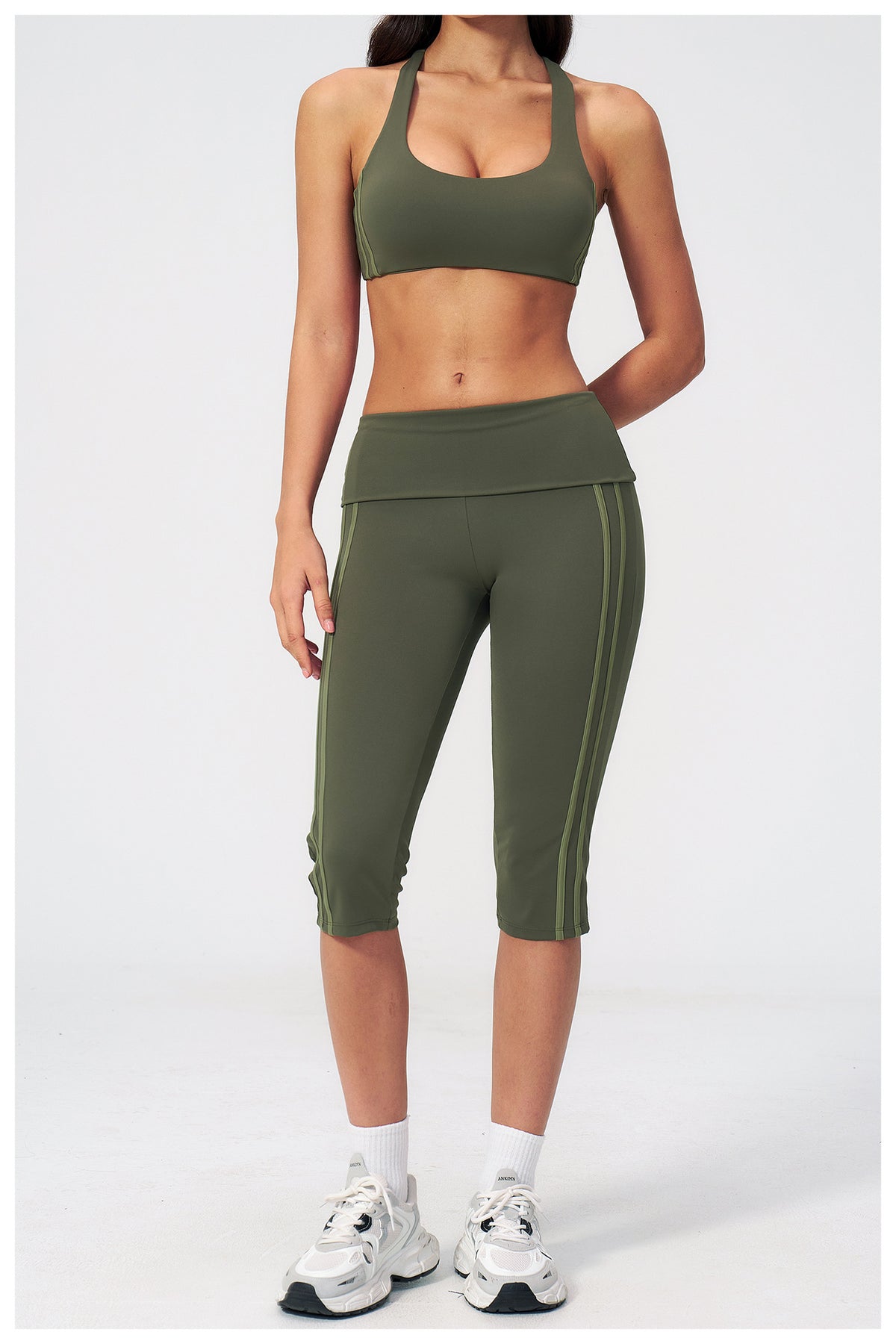 2 PCS Workout Set Women Racerback High Support Sports Bra and Fold Over Waist Capri Yoga Leggings
