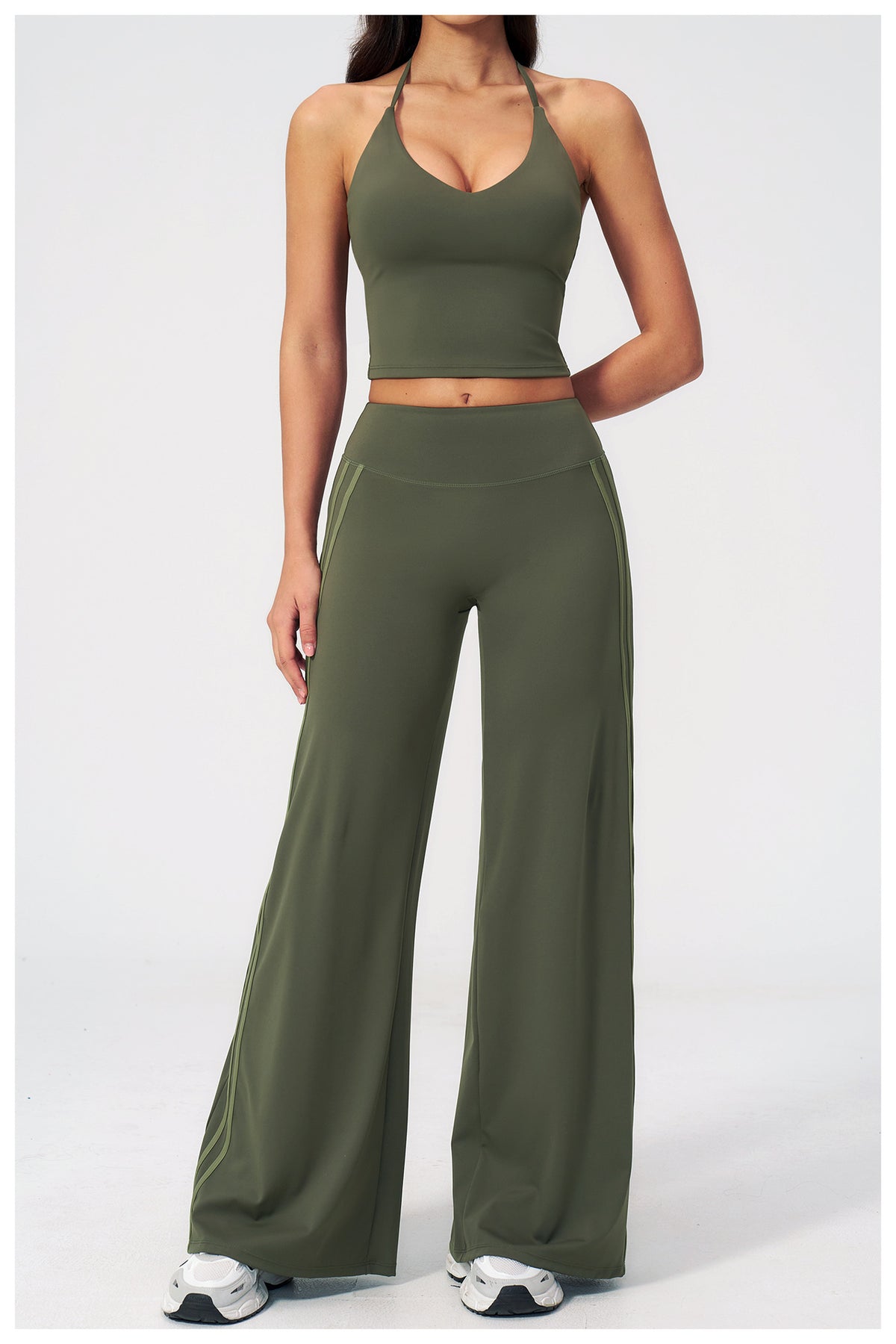 2 PCS Workout Set Women V Neck T-Back Halter Crop Tank Top and Contrast Side Stripe Fitness Sports Wide Leg Pants