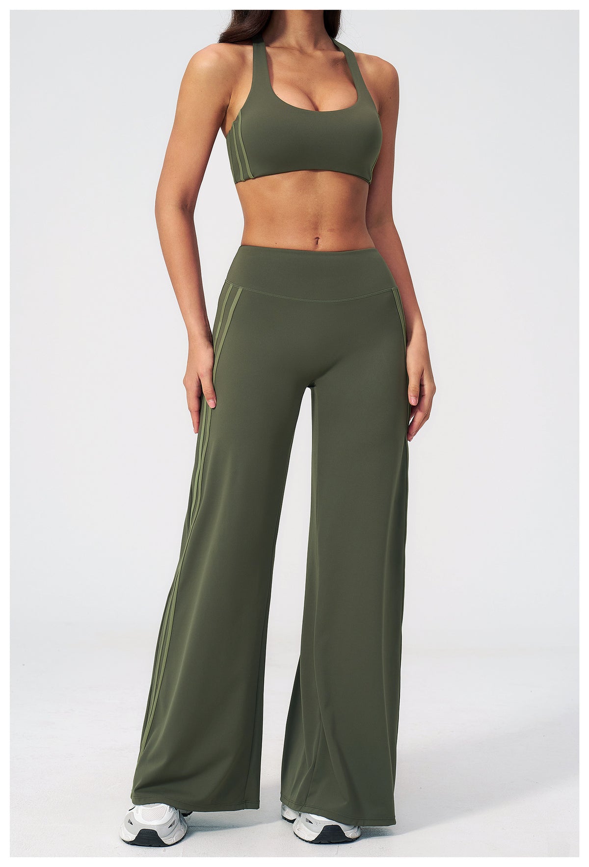 2 PCS Yoga Set Women Racerback High Support Sports Bra and Contrast Side Stripe Fitness Gym Wide Leg Pants