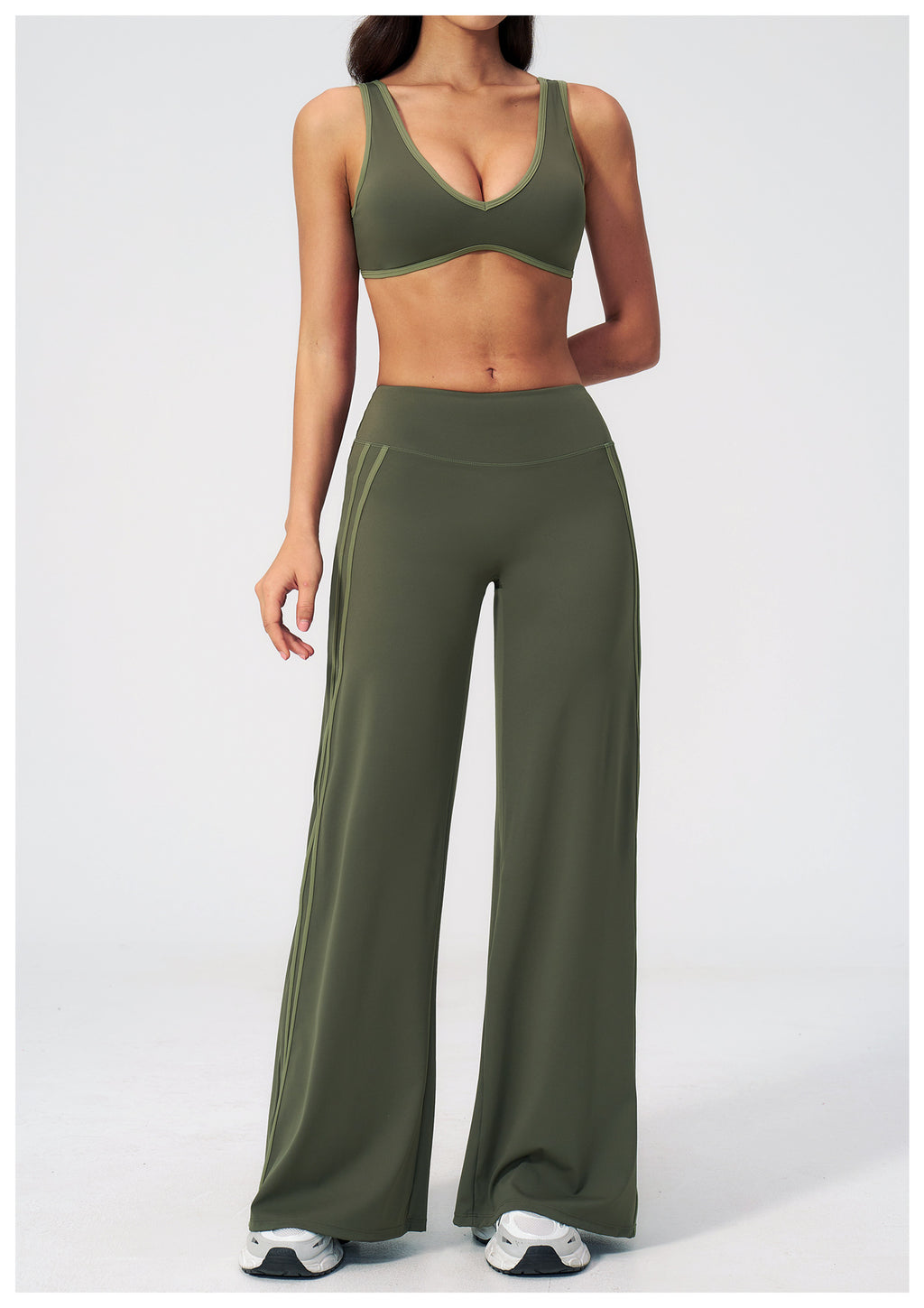 2 PCS Gym Set Women Contrast Color V Neck Backless Sports Bra and Contrast Side Stripe Fitness Sports Wide Leg Pants