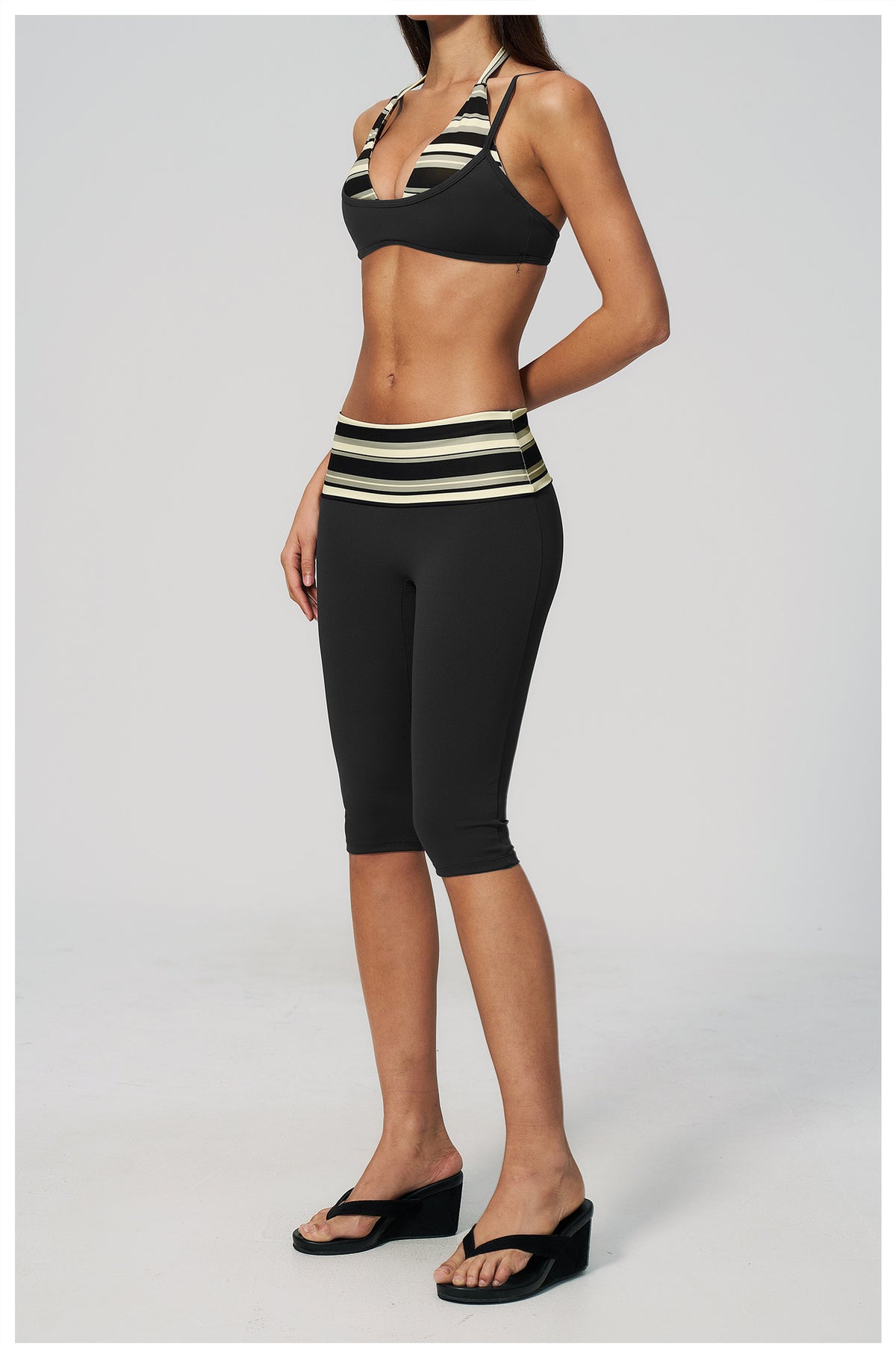 Women 2 Piece Yoga Set Halter Fake Two Piece Sports Bra and Fold Over Striped Waist Capri Yoga Leggings