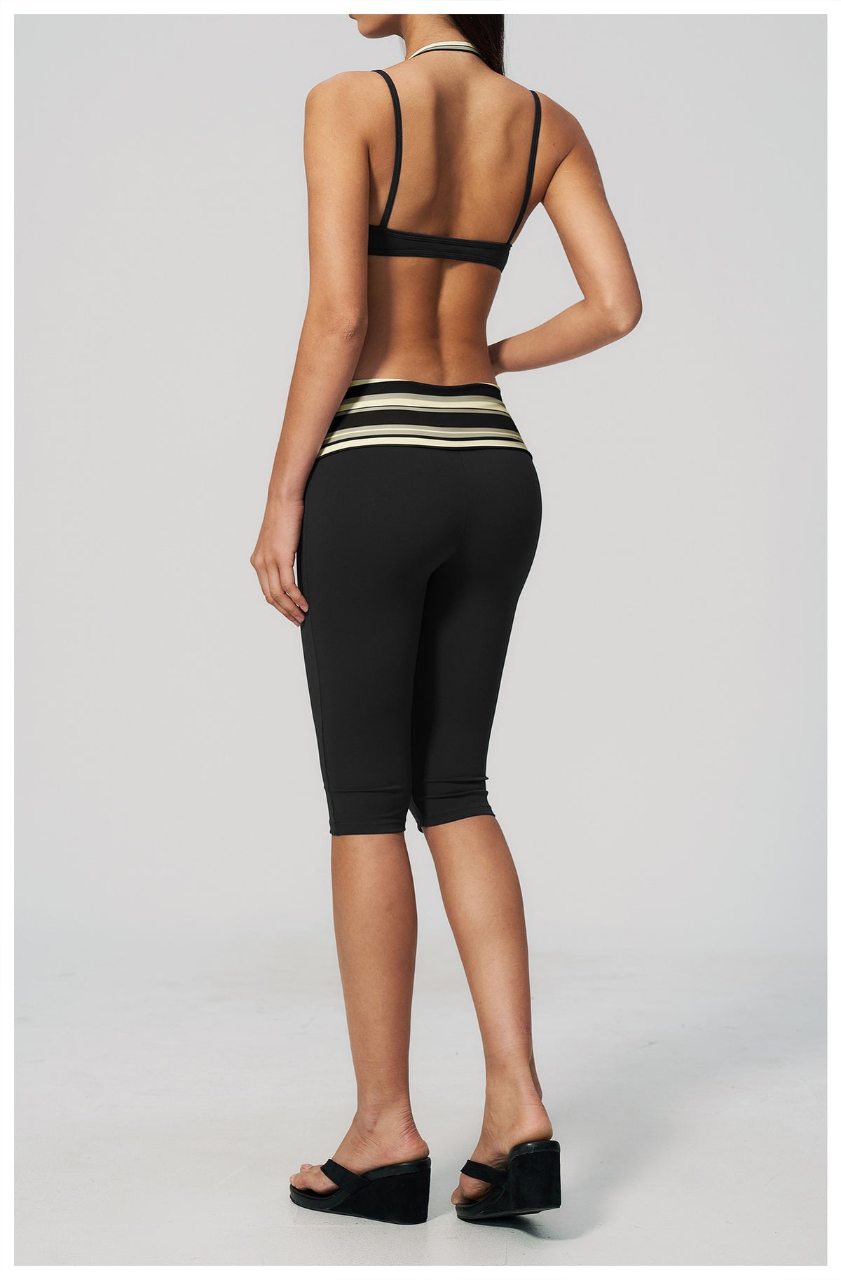 Women 2 Piece Yoga Set Halter Fake Two Piece Sports Bra and Fold Over Striped Waist Capri Yoga Leggings