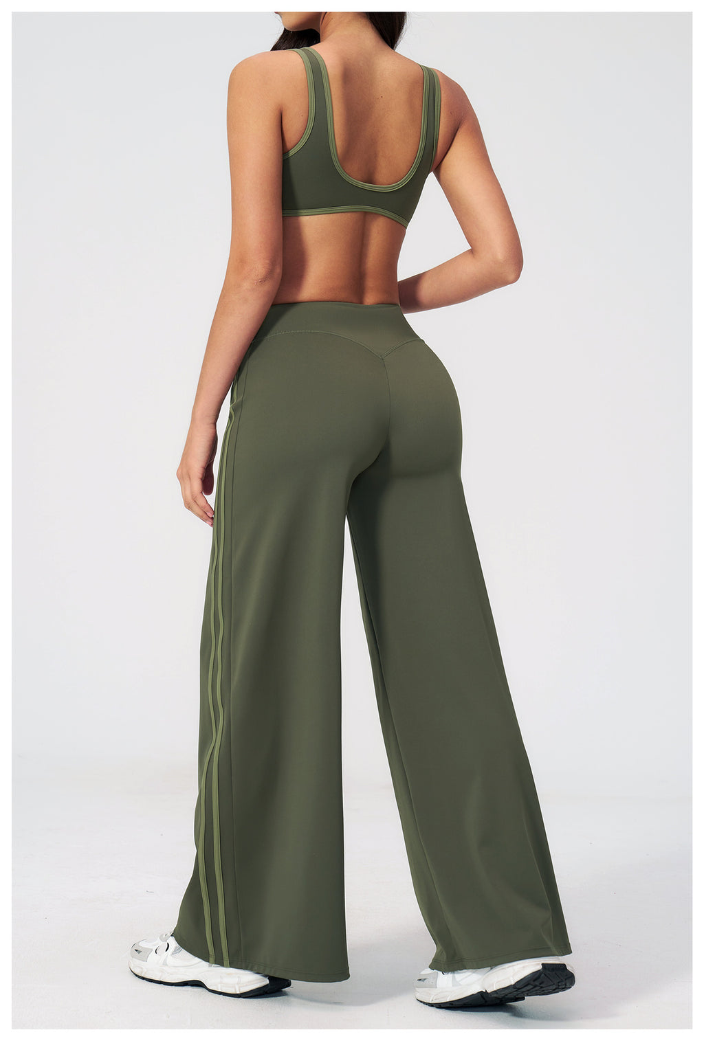 2 PCS Gym Set Women Contrast Color V Neck Backless Sports Bra and Contrast Side Stripe Fitness Sports Wide Leg Pants