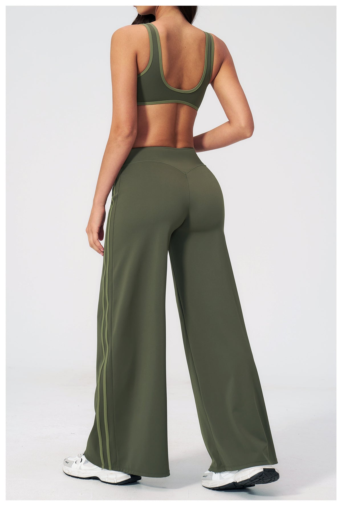 2 PCS Gym Set Women Contrast Color V Neck Backless Sports Bra and Contrast Side Stripe Fitness Sports Wide Leg Pants