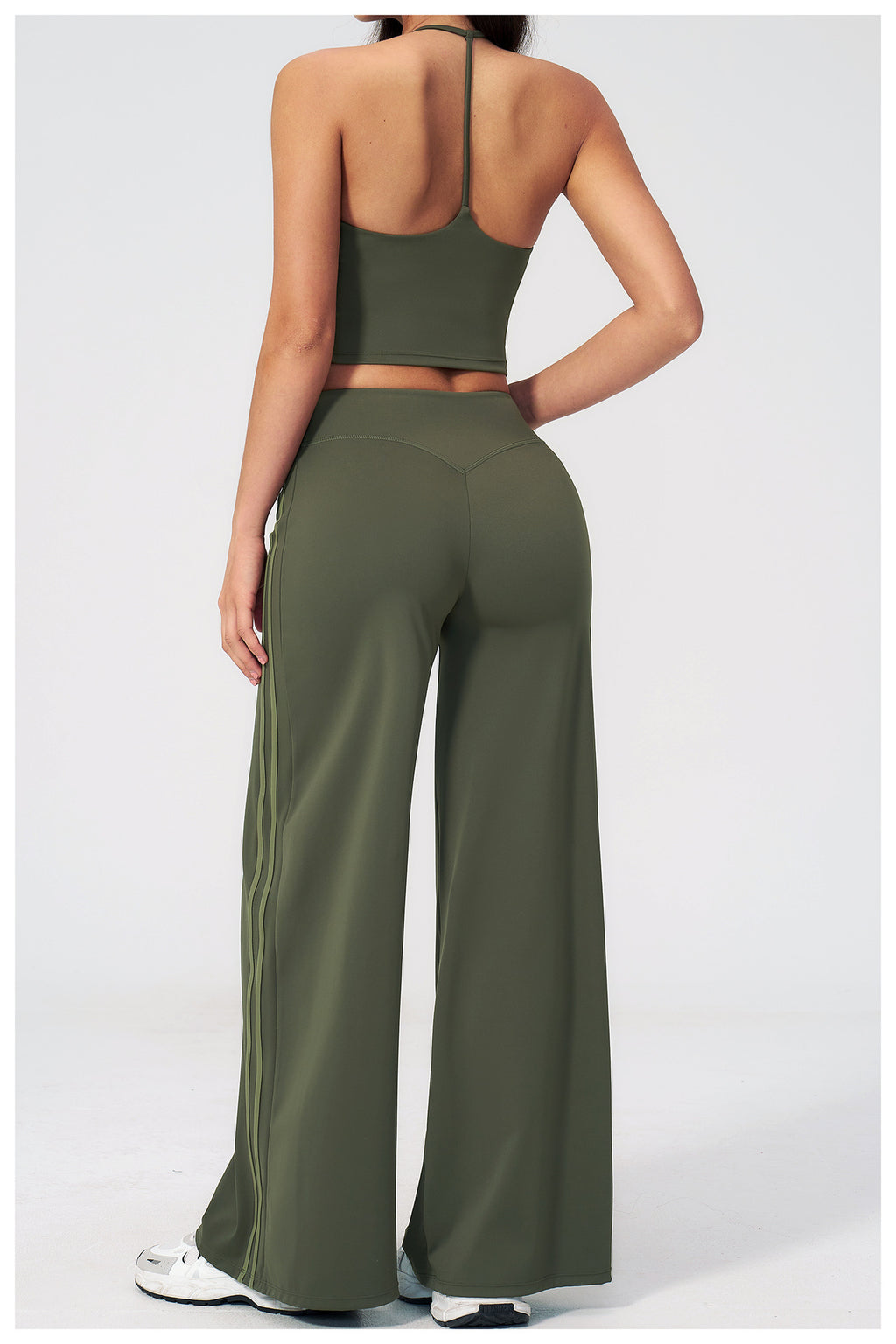 2 PCS Workout Set Women V Neck T-Back Halter Crop Tank Top and Contrast Side Stripe Fitness Sports Wide Leg Pants